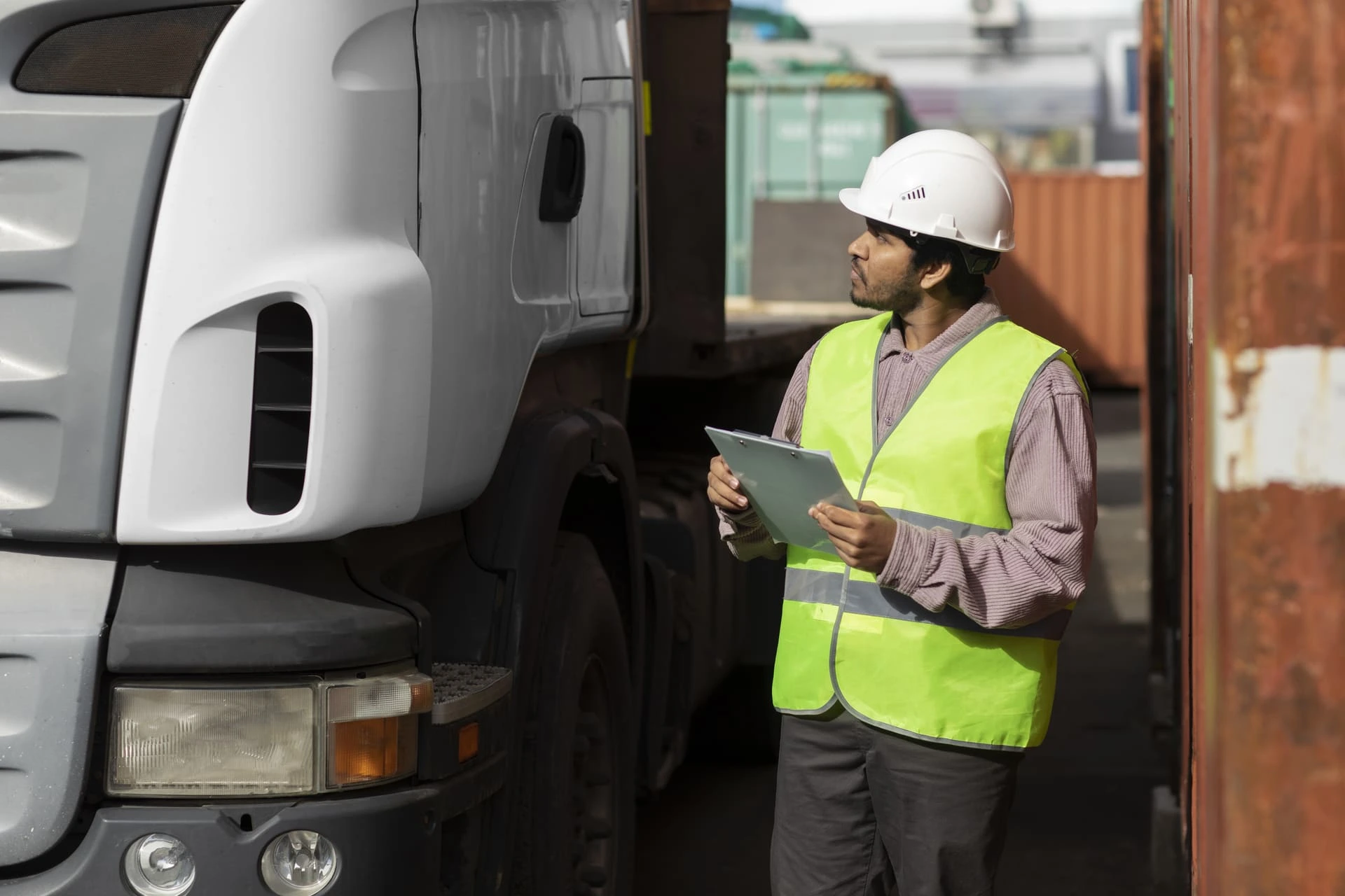 Personne avec une tablette en train de regarder un camion